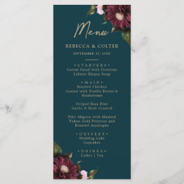 Menu Élégant Turquoise foncé Bourgogne Floral Mariage