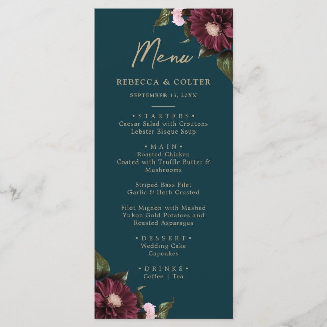 Menu Élégant Turquoise foncé Bourgogne Floral Mariage (Devant)