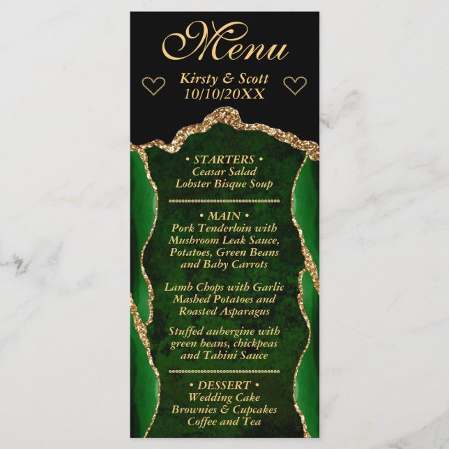 Menu Élégant Vert et Or Parties scintillant Faux Mariag (Devant)