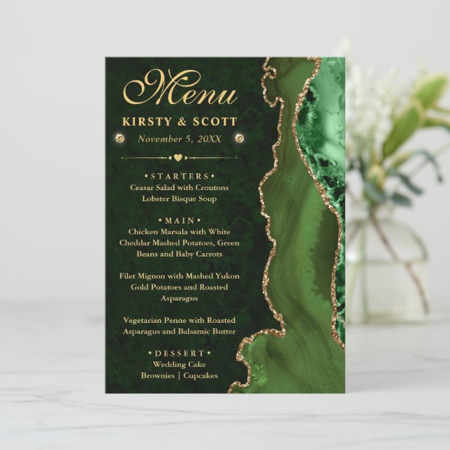 Menu Élégant Vert et Or Parties scintillant Faux Mariag (Debout devant)