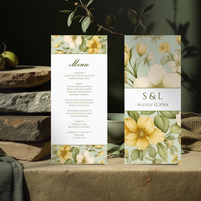 Menu élégant, vert tendre et beige à fleurs mariag (Créateur téléchargé)