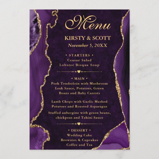 Menu Élégant violet et or Parties scintillant Faux Mari (Devant)