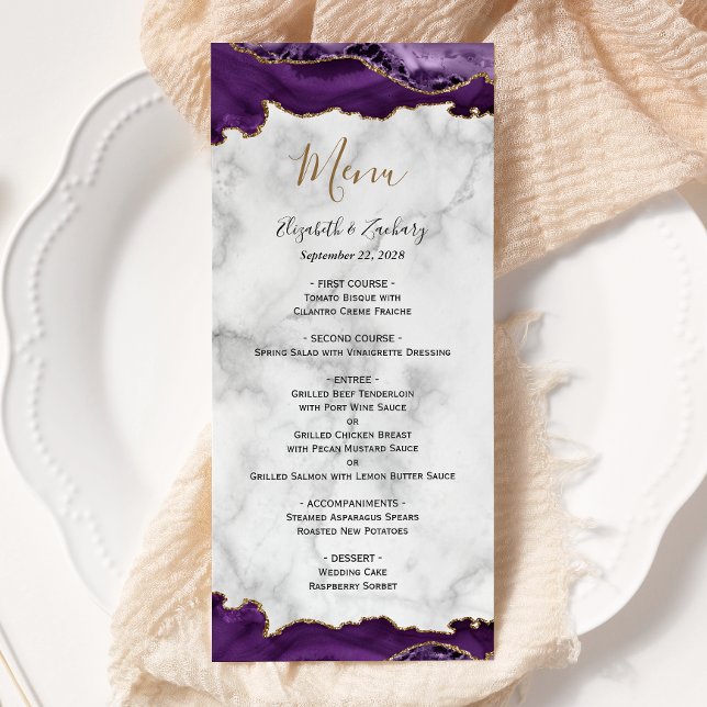 Menu Élégant violet or Agate Mariage en marbre (Créateur téléchargé)