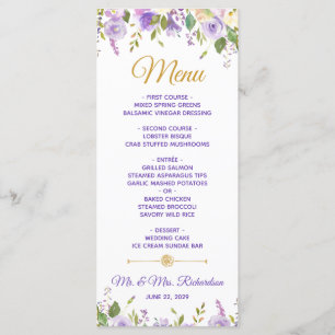 Menu Elégant violet or Aquarelle Mariage Floral