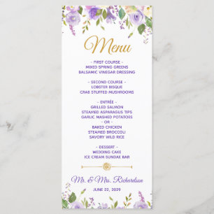 Menu Elégant violet or Aquarelle Mariage Floral