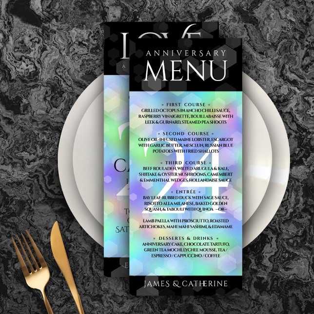 Menu Élégante 24e anniversaire du Mariage Opal (Elegant 24th Opal Wedding Anniversary Menu Rack Card Cover Photo.)
