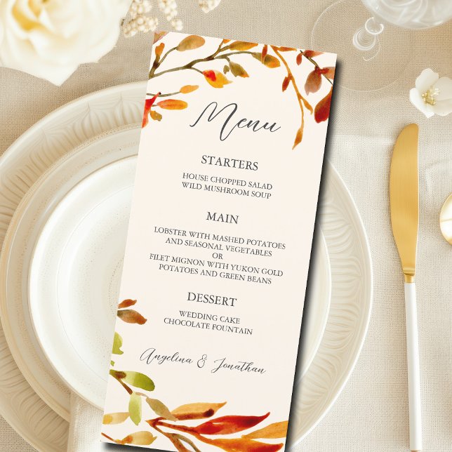 Menu Elégante aquarelle Automne Feuilles Dîner Mariage (Créateur téléchargé)
