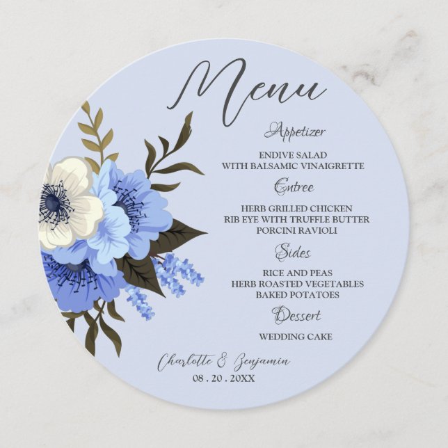 Menu Elégante aquarelle bleu Floral Mariage rond (Devant)