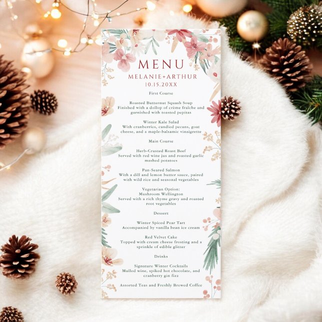 Menu Elégante aquarelle Florale Mariage de Noël d'hiver (Elegant Watercolor Floral Winter Christmas Wedding Menu)