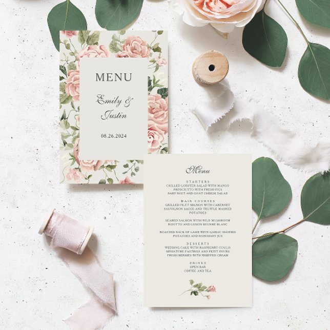 Menu Elégante aquarelle Jardin rose rose Mariage (Créateur téléchargé)