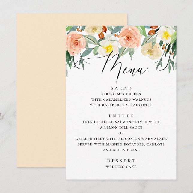 Menu Elégante aquarelle pêche jardin fleuri mariage (Devant / Derrière)