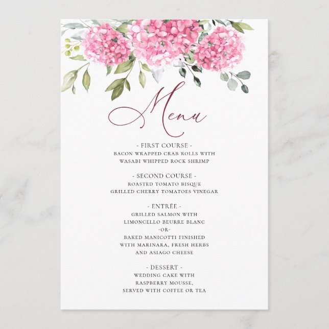 Menu Elégante aquarelle rose Hydrangée Mariage floral (Devant)