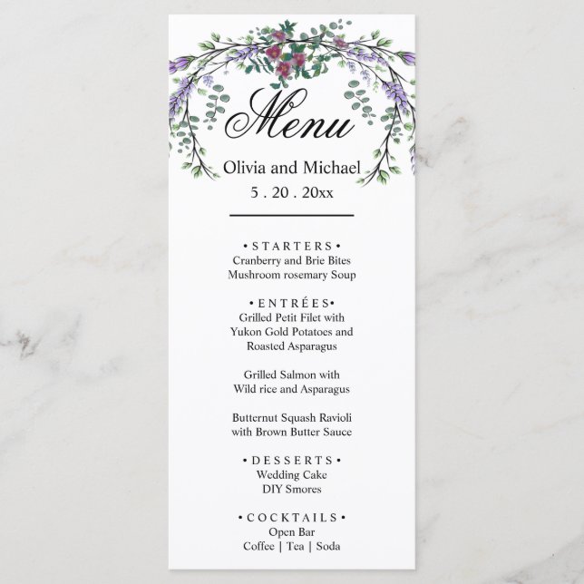 Menu Elégante aquarelle rose roses lavande botanique (Devant)