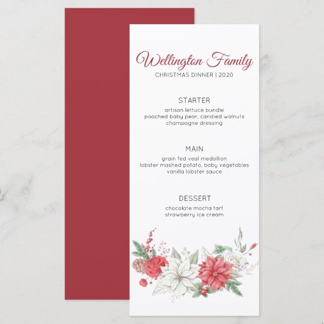 Menu Elégante Aquarelle Rouge Poinsettia Dîner de Noël (Devant / Derrière)