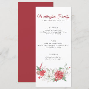Menu Elégante Aquarelle Rouge Poinsettia Dîner de Noël