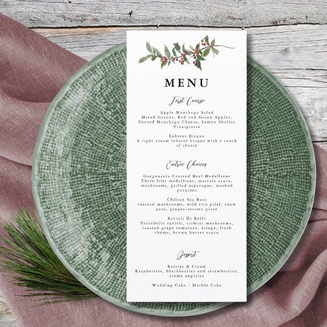 Menu Elégante Baies d'hiver Rouge Vert Aquarelle (Créateur téléchargé)