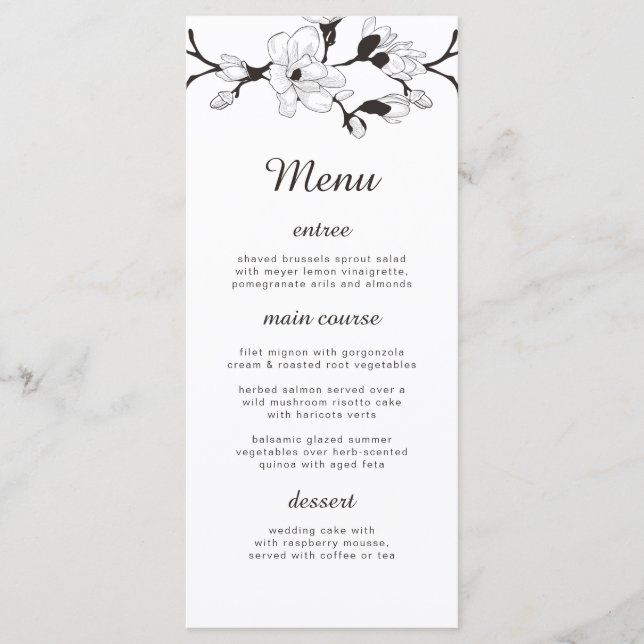 Menu Élégante branche simple. Mariage noir et blanc (Devant)