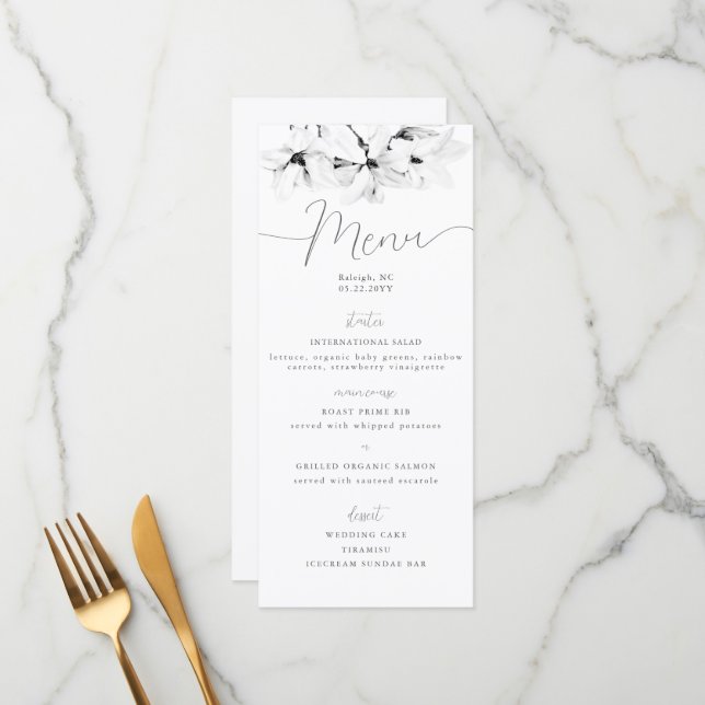 Menu Élégante calligraphie Chic Magnolias Printemps Mar (Devant/Arrière en situation)