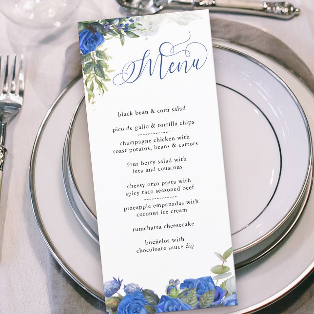 Menu Élégante calligraphie Roses bleus et Eucalyptus (Menu with personalized message on the back. Floral blue rose design with elegant calligraphy)