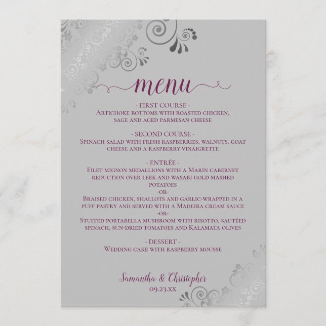 Menu Elégante dentelle argentée pourpre sur Mariage gri (Devant)