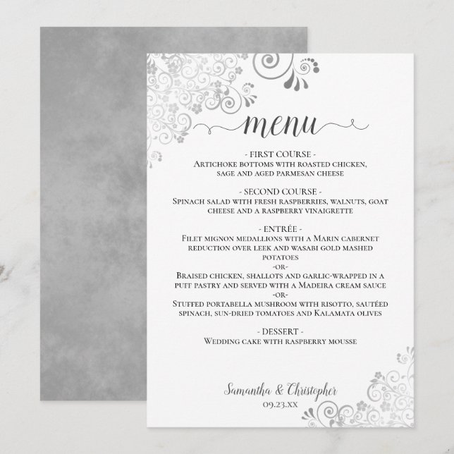 Menu Elégante dentelle argentée sur Mariage blanc chic (Devant / Derrière)