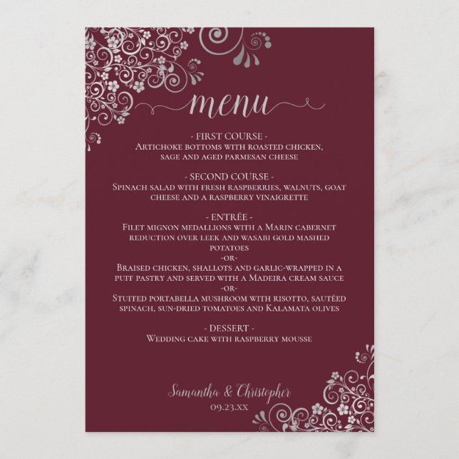 Menu Elégante dentelle argentée sur Mariage Bourgogne (Devant)