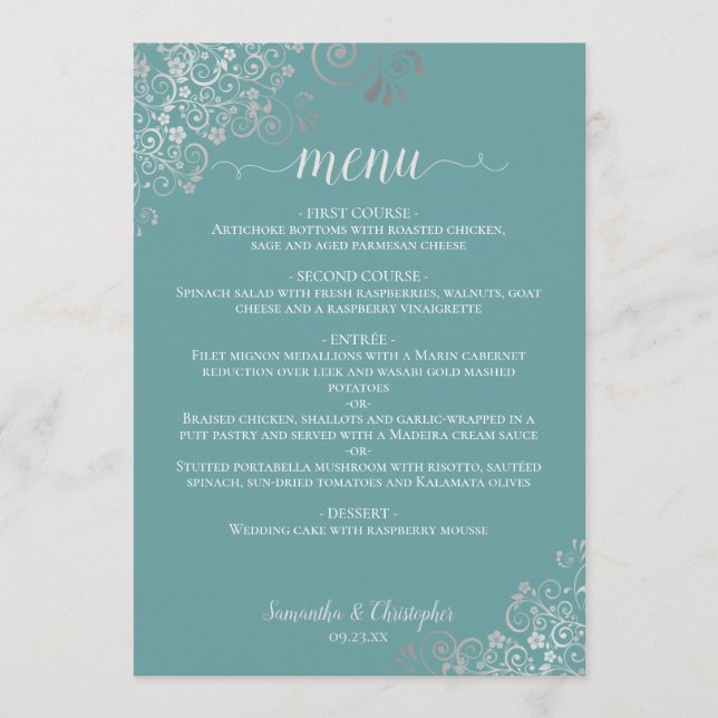 Menu Elégante dentelle argentée Turquoise Turquoise Mar (Devant)