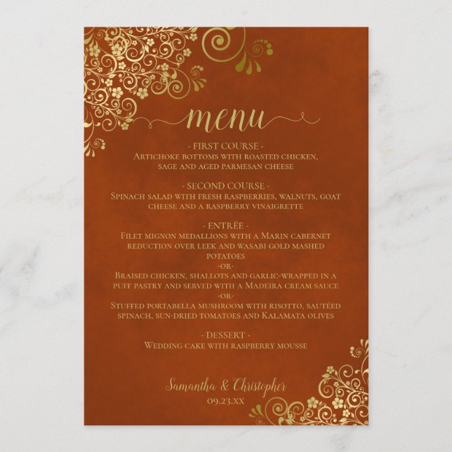 Menu Elégante dentelle d'or sur Mariage orange rouille (Devant)