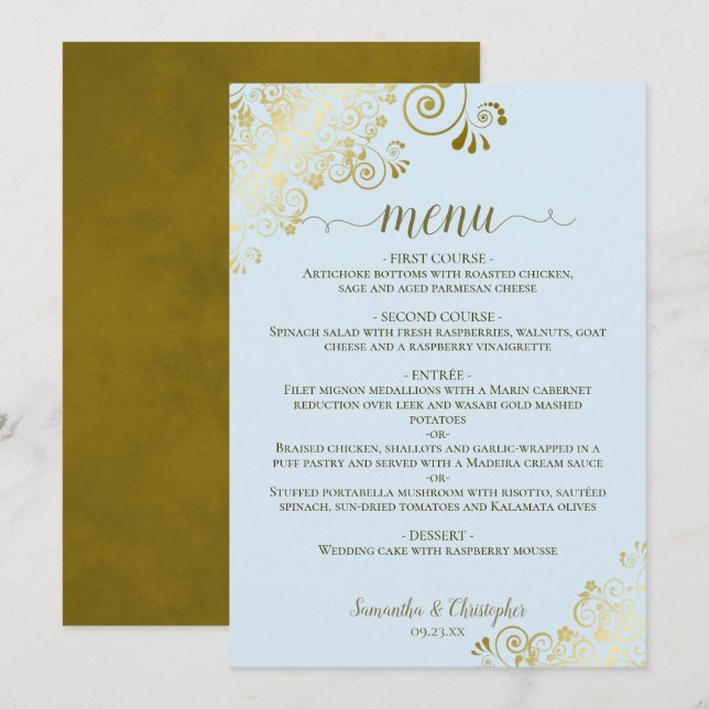 Menu Elégante dentelle d'or sur Poudre Blue Mariage Me (Devant / Derrière)