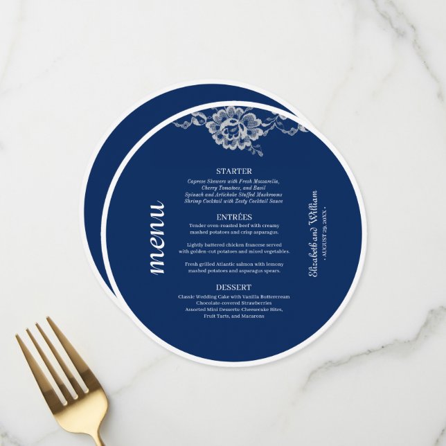 Menu Elégante dentelle florale sur Mariage bleu marine (Devant/Arrière en situation)