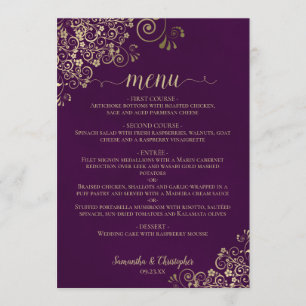 Menu Elégante dentelle or sur Plum violet Mariage