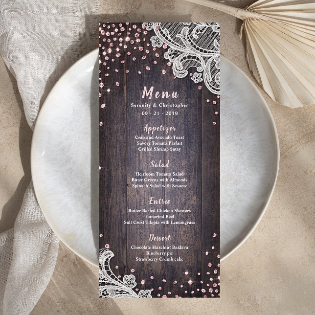 Menu Elégante dentelle parties scintillant rose rustiqu (Elegant Lace wood pink glitter rustic wedding menu)