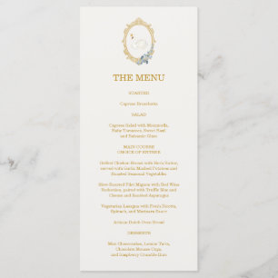 Menu Élégante Douche de Mariée Bleue et Or Damassée