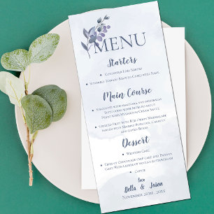 Menu Elégante Dusty Blue Watercolor Fête de Mariage Flo