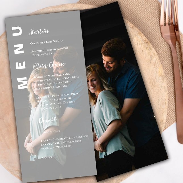 Menu Elégante Faux Vellum Fête de Mariage Photo (Elegant Modern Faux Vellum Photo Wedding Party Menu)