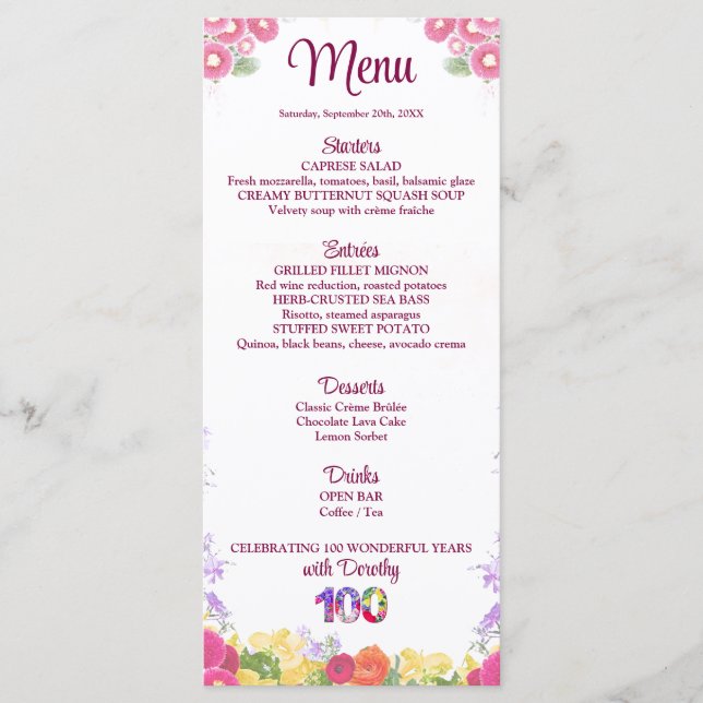 Menu Elégante Fête Florale 100e Anniversaire / 100 Ans (Devant)