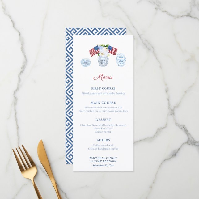 Menu Élégante fête formelle américaine du déjeuner (Devant/Arrière en situation)