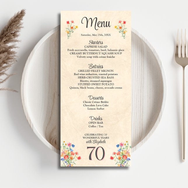 Menu Élégante Fleur 70 ans Fête Florale 70e anniversair (Créateur téléchargé)