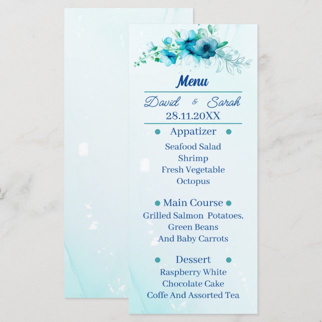 Menu Elégante Fleur Bleue Dîner Mariage personnalisé (Devant / Derrière)