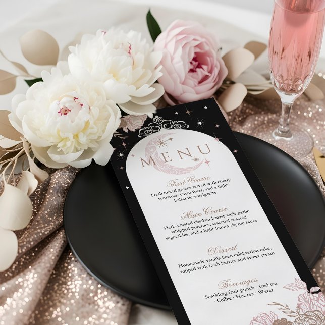 Menu Élégante Florales Roses Étoiles Lune Tiara Quincea (Elegant Pink Florals Moon Stars Tiara Quinceañera Menu)