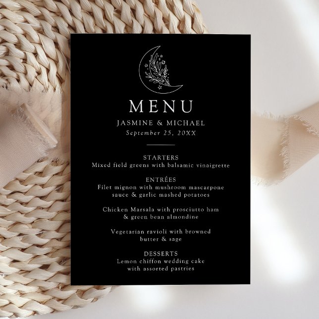 Menu Élégante Lune et étoiles Mariage noir et blanc (Créateur téléchargé)