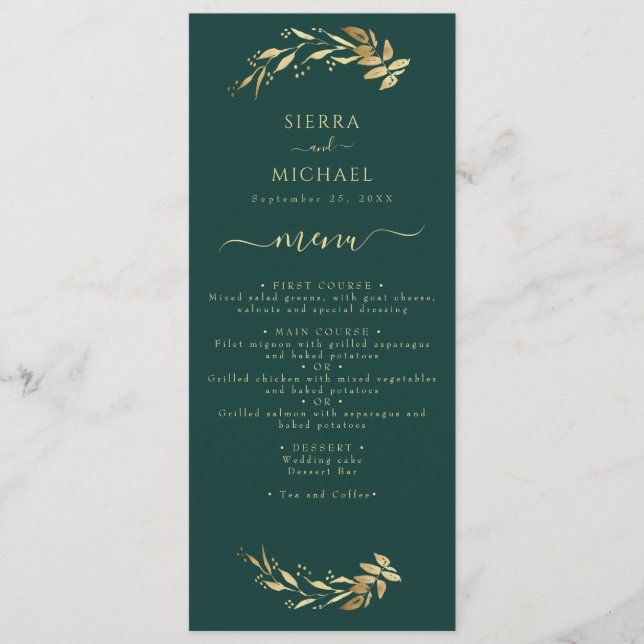 Menu Elégante Réception De Mariage Émeraude Vert Or Éme (Devant)