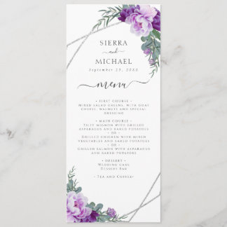 Menu Elégante Réception de mariage florale violet et ar