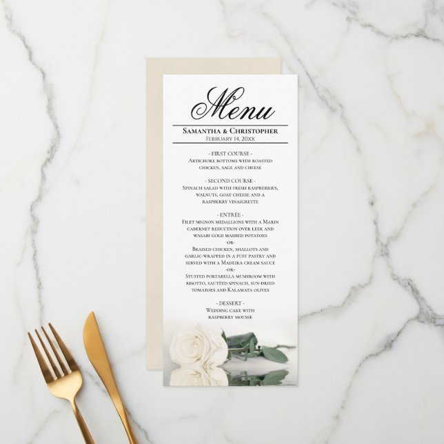 Menu Elégante Rose blanche ivoire avec Mariage de Réfle (Devant/Arrière en situation)