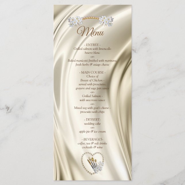 Menü "Elfenbein, Grün, Blau, Gold, Seide und Perle Menükarte (Vorderseite)