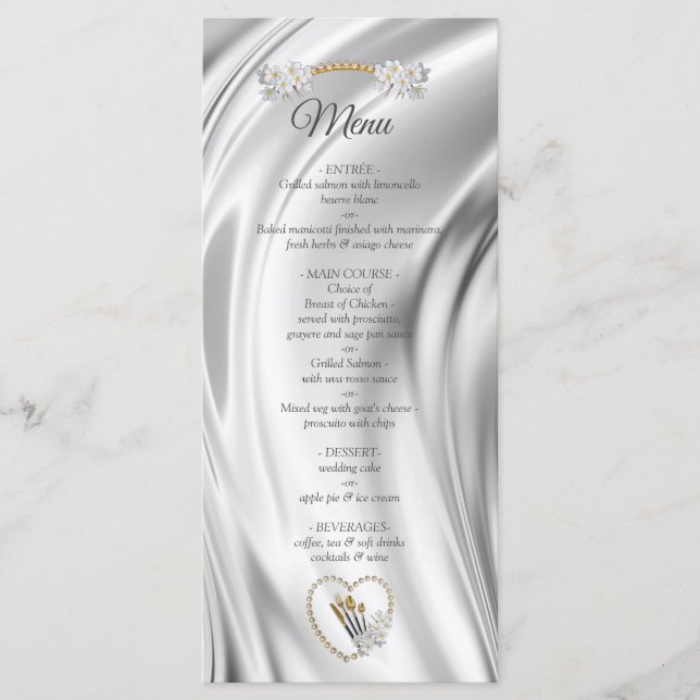Menü "Elfenbein, Grün, Blau, Gold, Seide und Perle Menükarte (Vorderseite)
