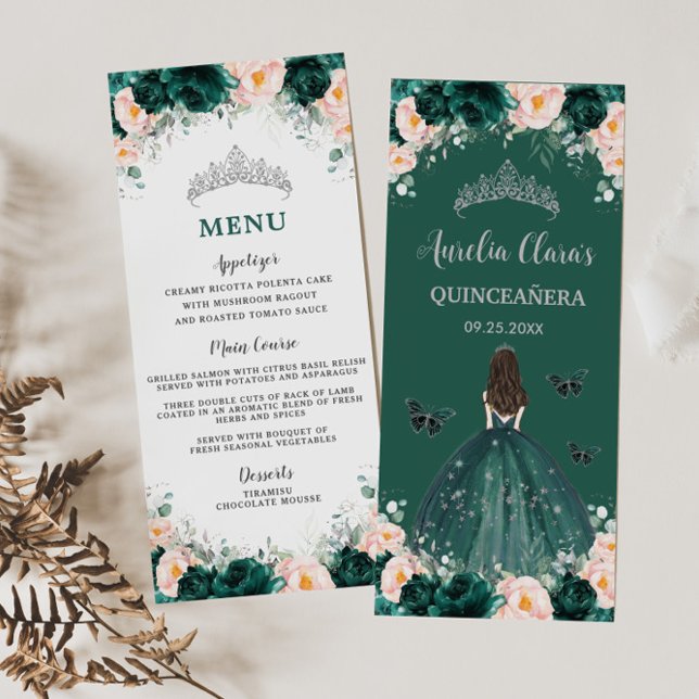 Menu Emerald Blush Floral Princess Quinceañera (Créateur téléchargé)