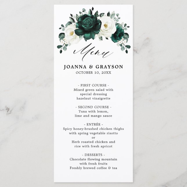 Menu Emerald Green Eucalyptus Blanc Floral Mariage (Devant)