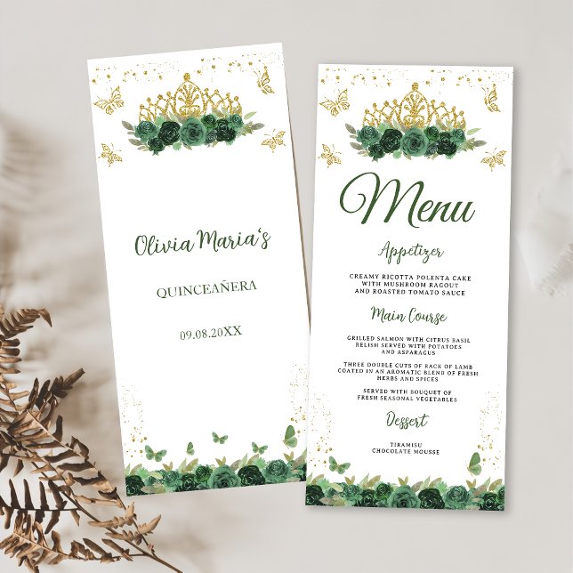 Menu Emerald Green Floral Tiara + Butterfly Quinceanera (Créateur téléchargé)