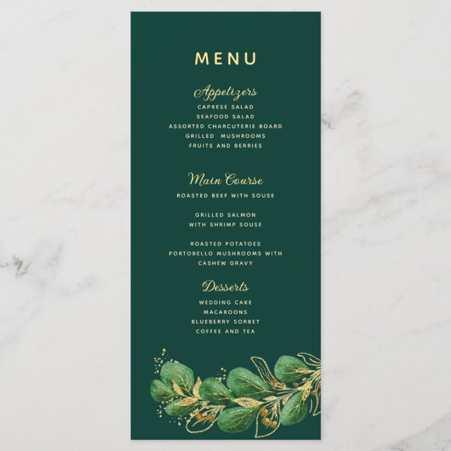 Menu Emerald Green & Gold Eucalyptus Mariage vert (Devant)